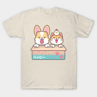 Cute Corgi and Cat in Apple Box T-Shirt